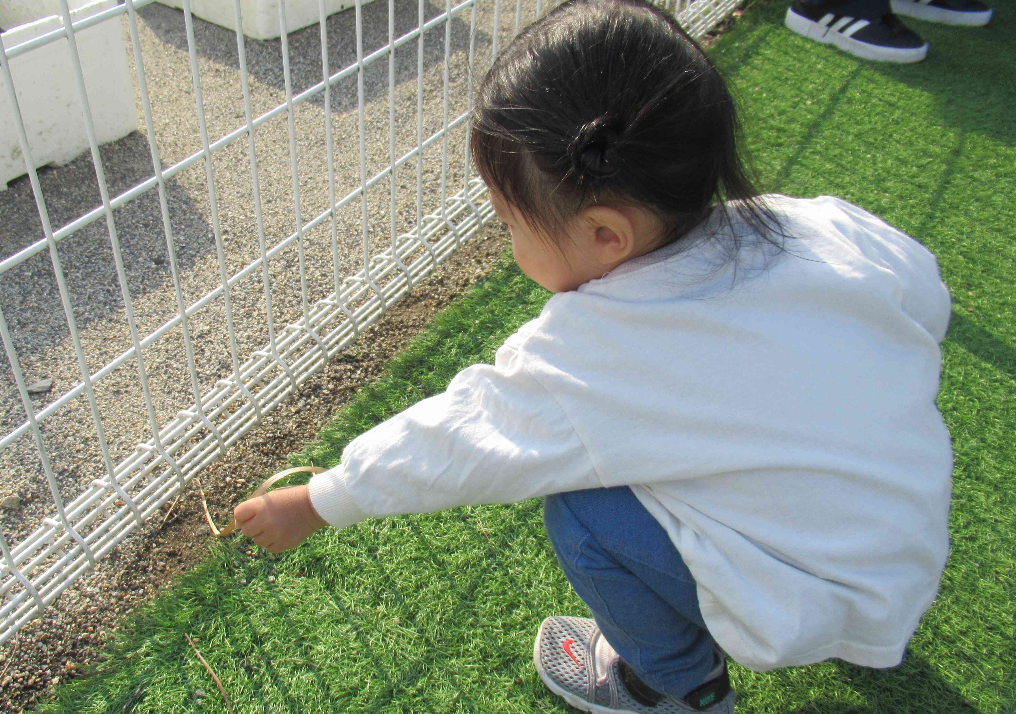 砂利を触ったり握ったりいろんな発見をしているね！今度は葉っぱでつんつん。