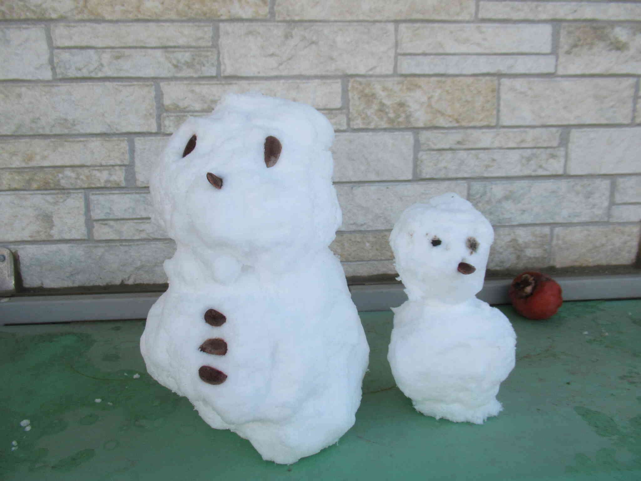 出来上がった雪だるまの目や鼻・ボタンは落ちていた柿の種を見つけて付けてくれました。