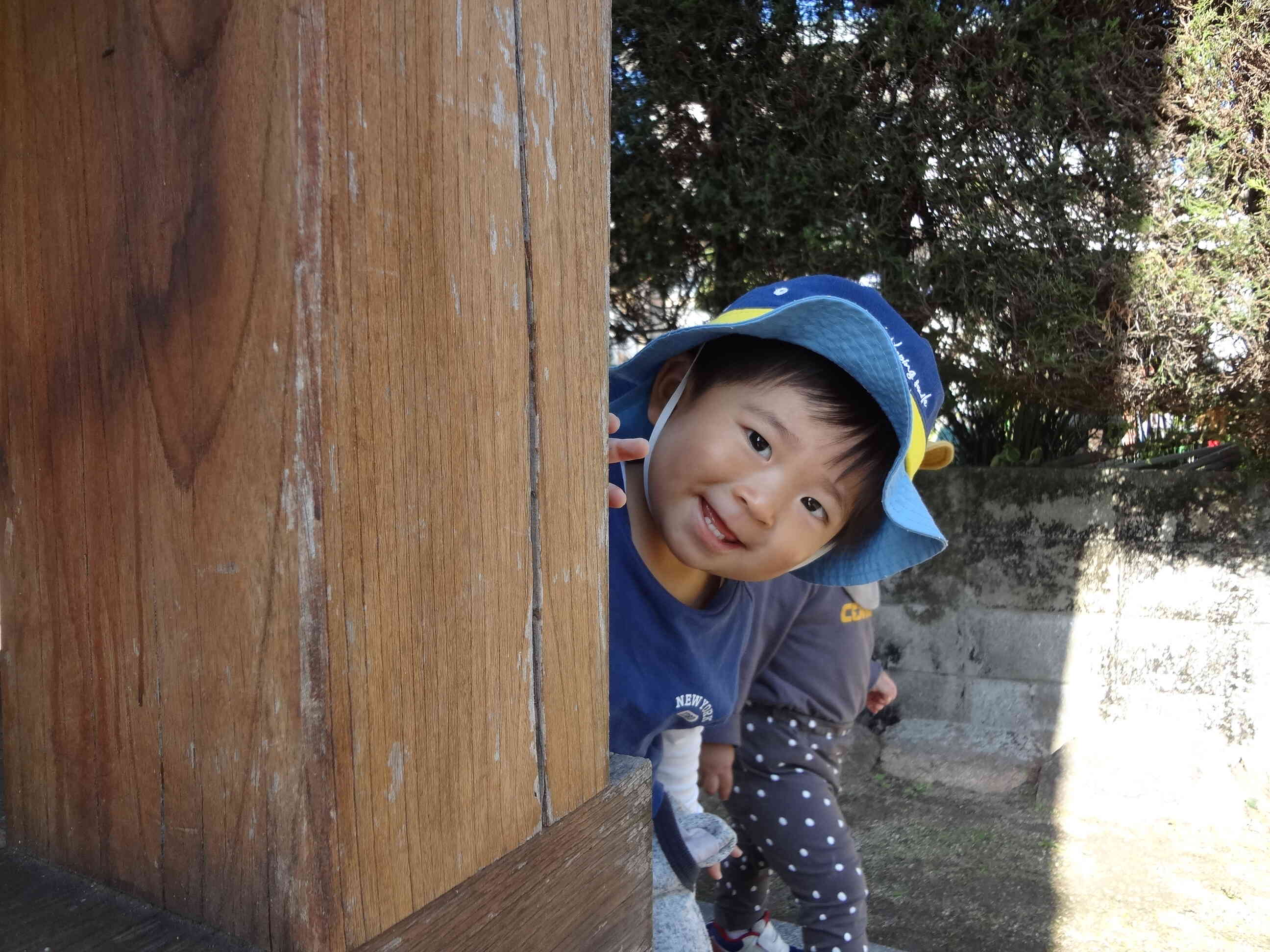 帰り道に寄ったイチョウの神社でKくんが「ばぁ！」