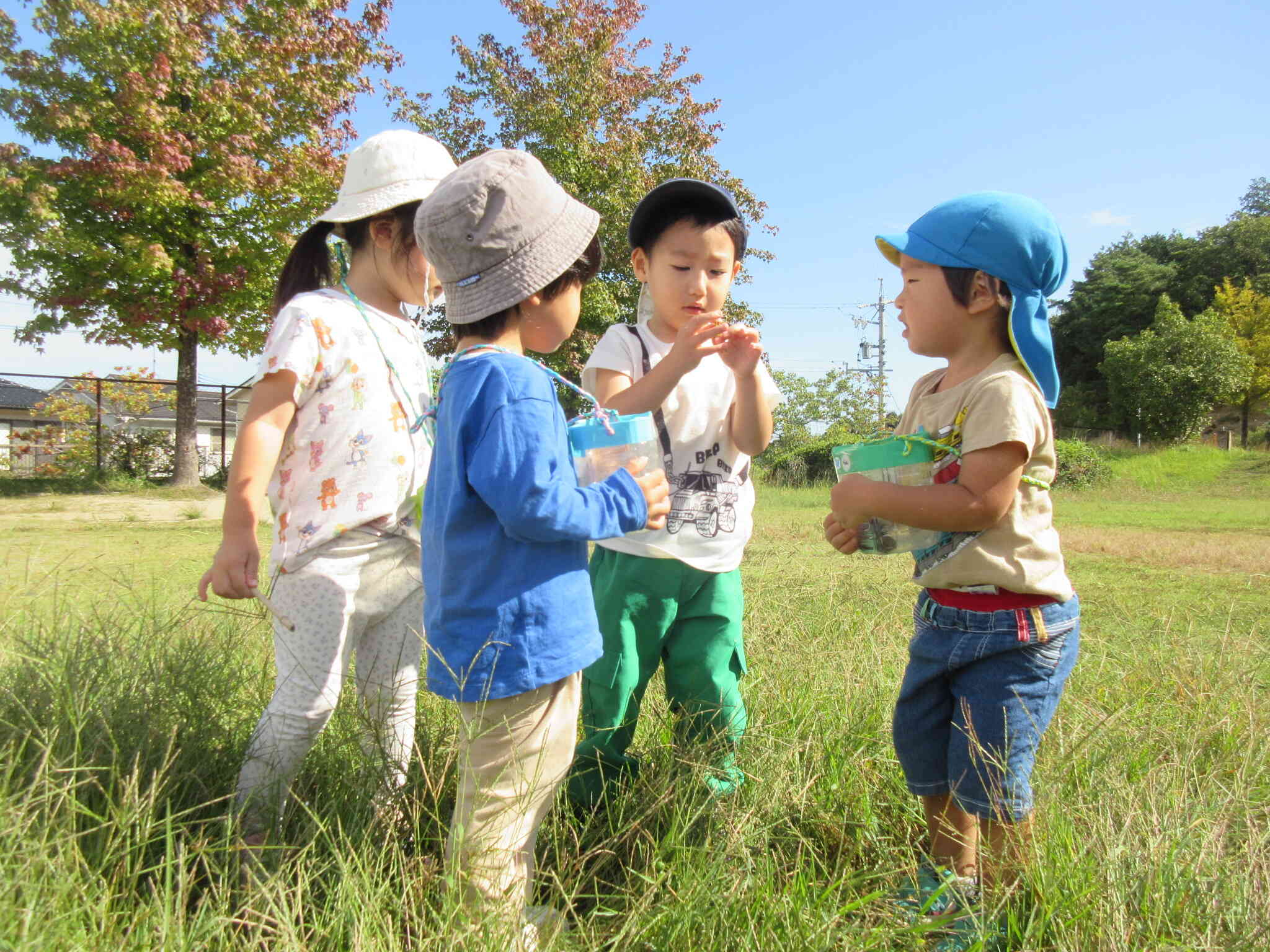 みんなで公園にお散歩です。　何を見つけたのかな？　「なになに～？」