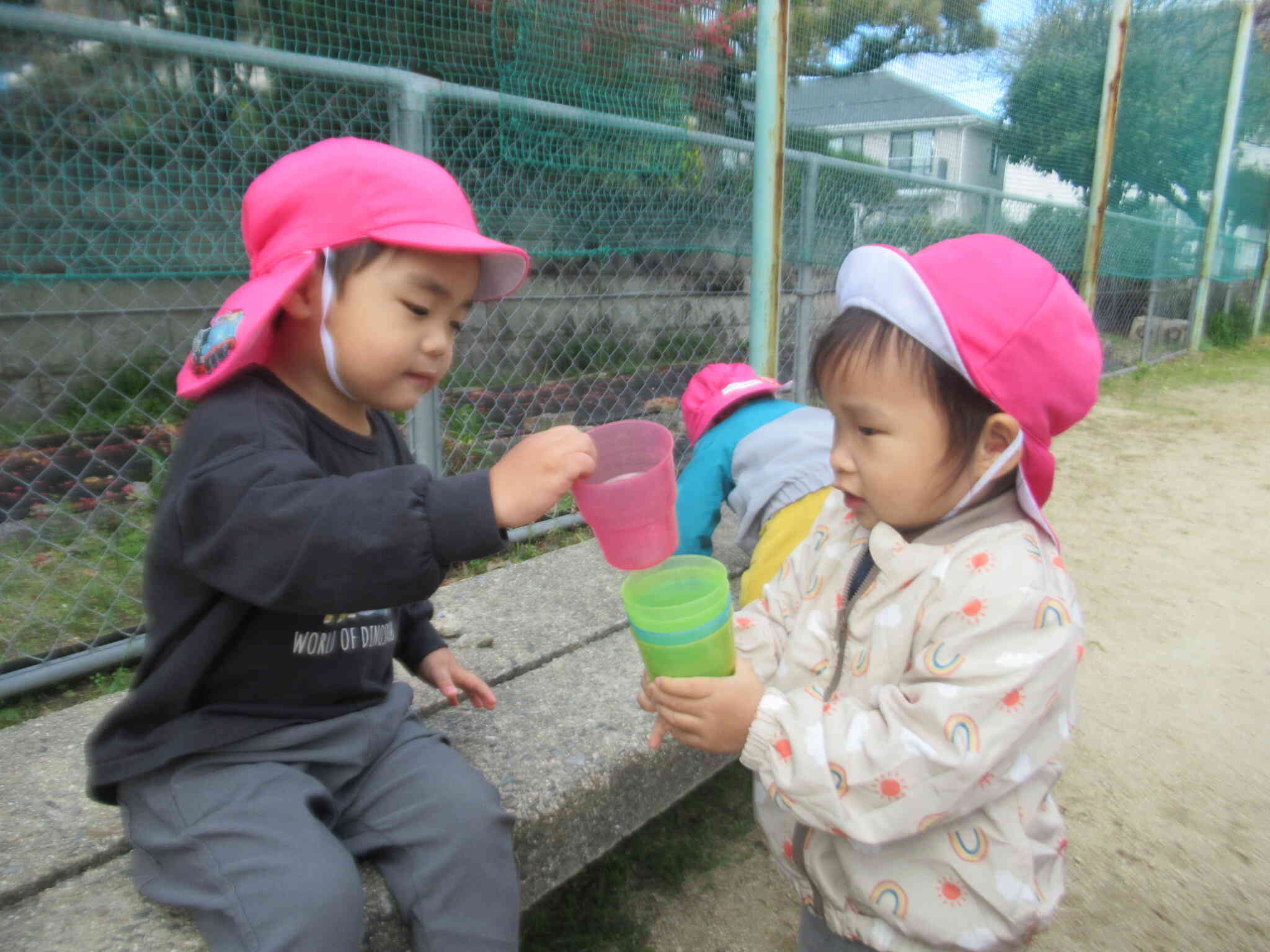 ああ お茶おいしかった～　...　　飲んだコップく～ださい　ぼくが集めまーす　...　　ありがとう