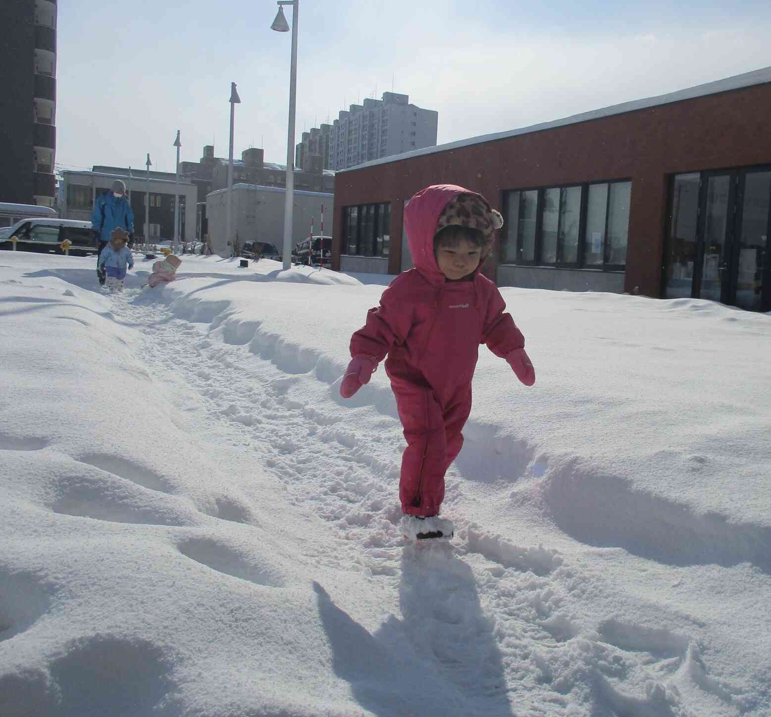 雪あそびを楽しむうちに雪の上を歩くのがすっかり上手になりました！雪の一本道で探索を楽しんでいましたよ♪