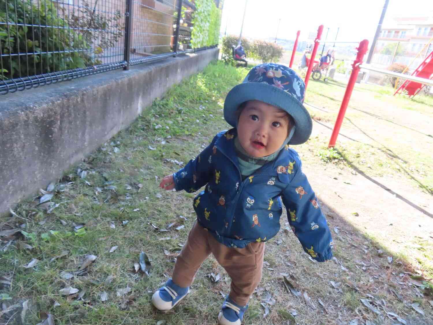 0歳児クラスの男の子。歩くのが上手になり公園を散策中。