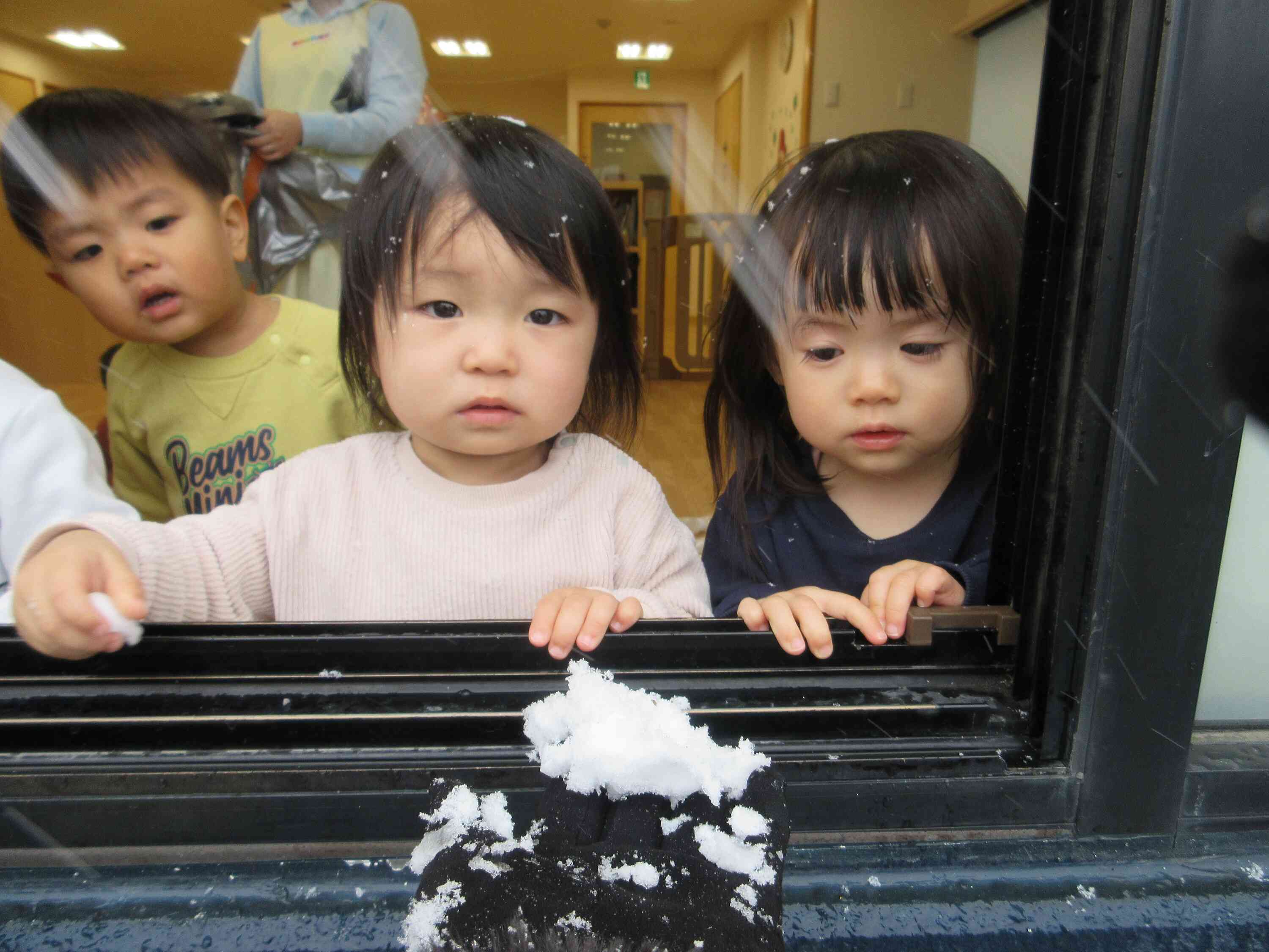 お留守番のひよこぐみさん・あひる組さんも雪に触れました♪