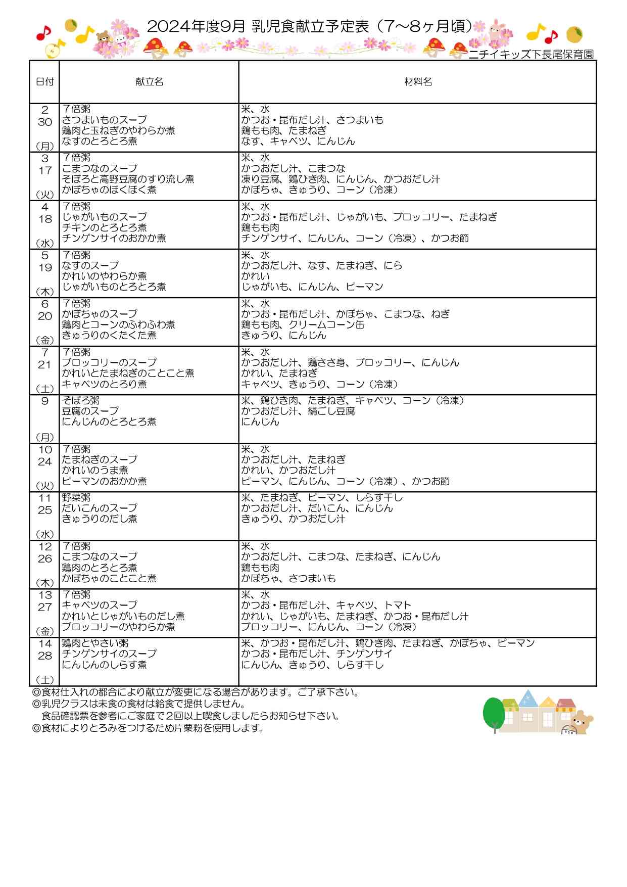 9月　献立表（中期食）