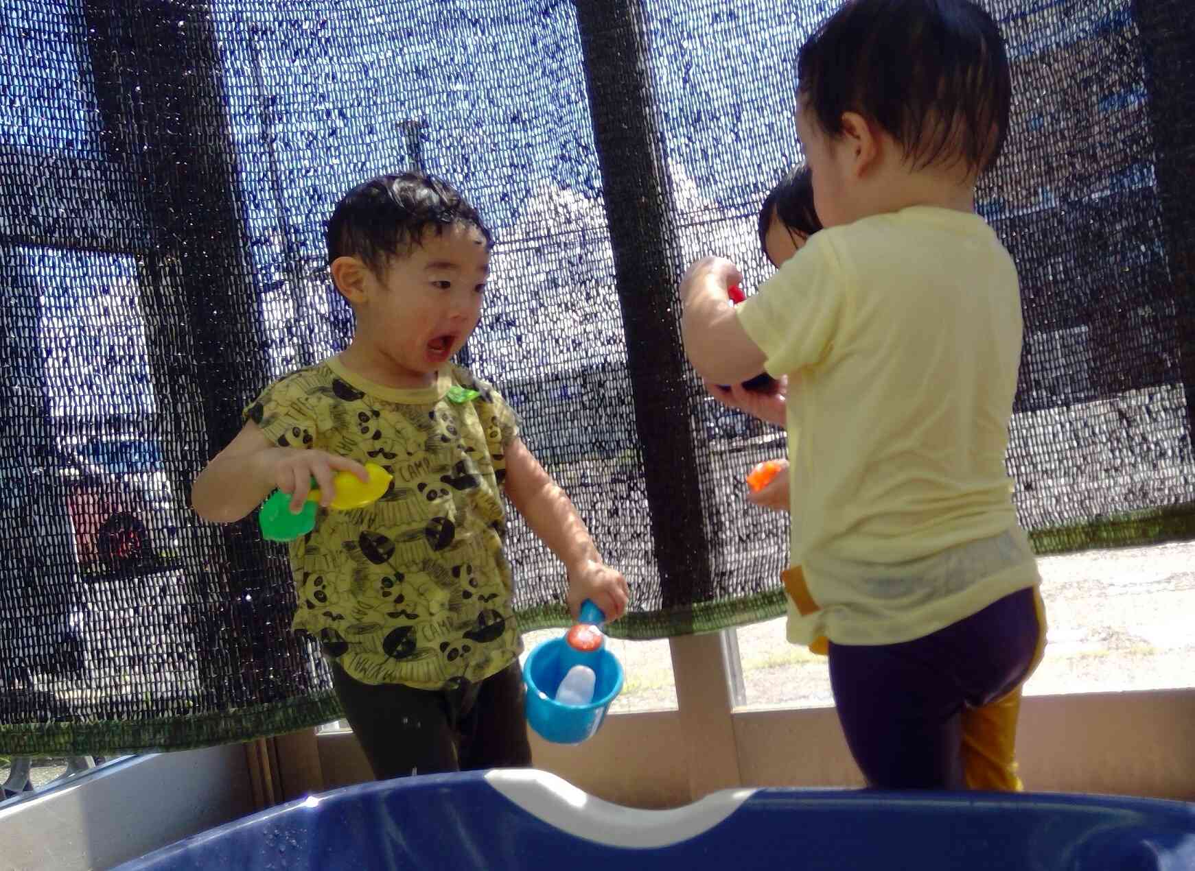 わー、水が飛んできた。