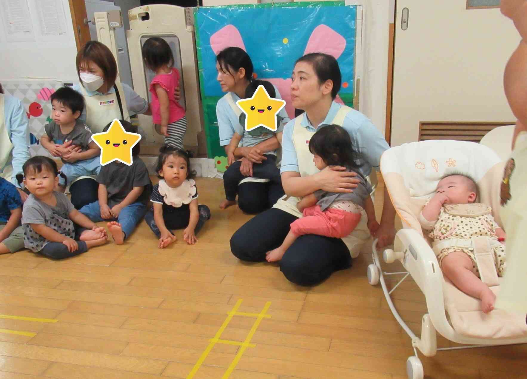 ぱんだ組（1歳児）さんとうさぎ組（0歳児）さんも泣かずに避難できました☆